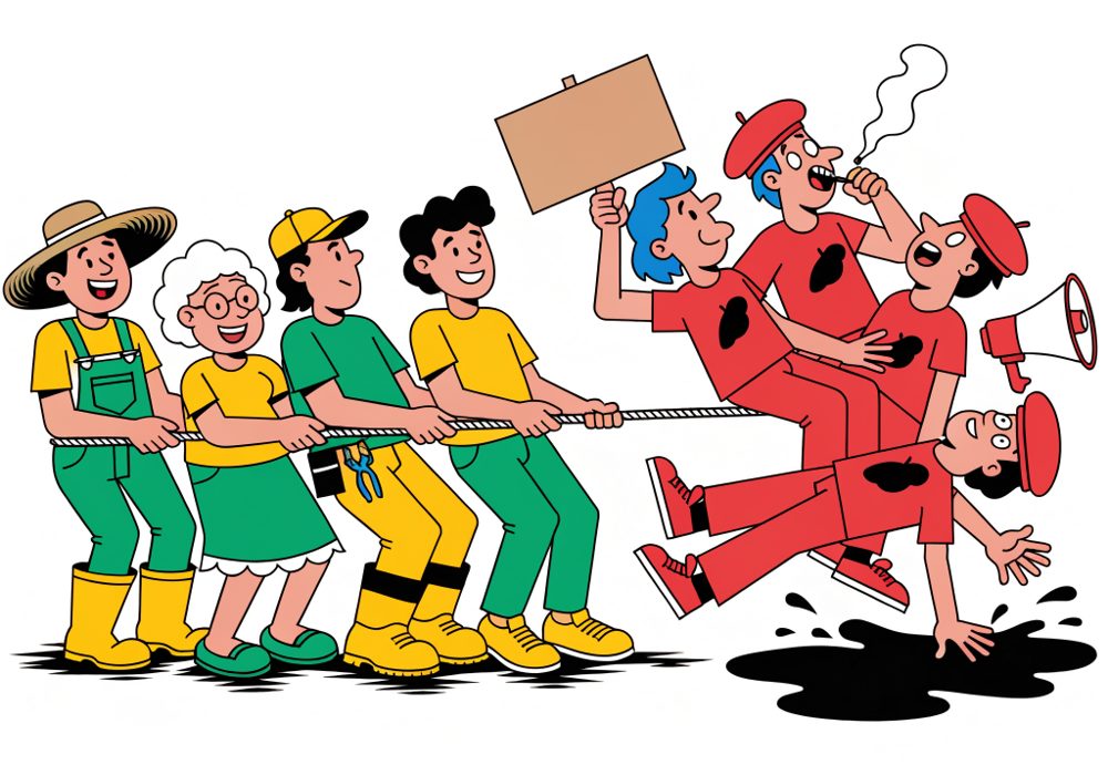 Ilustração: time de verde e amarelo ganhando o cabo de guerra